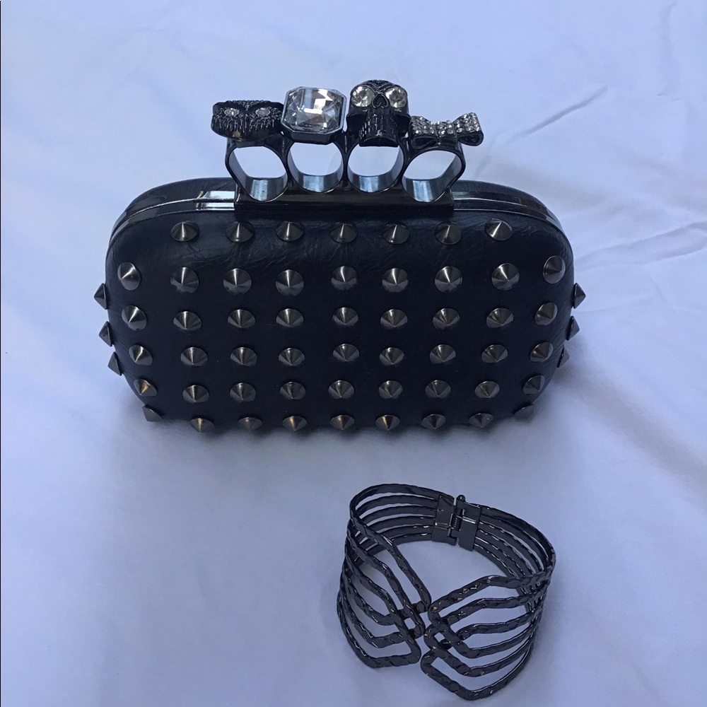 Brass Knuckles Spike Studded Clutch With Matching Bracelet